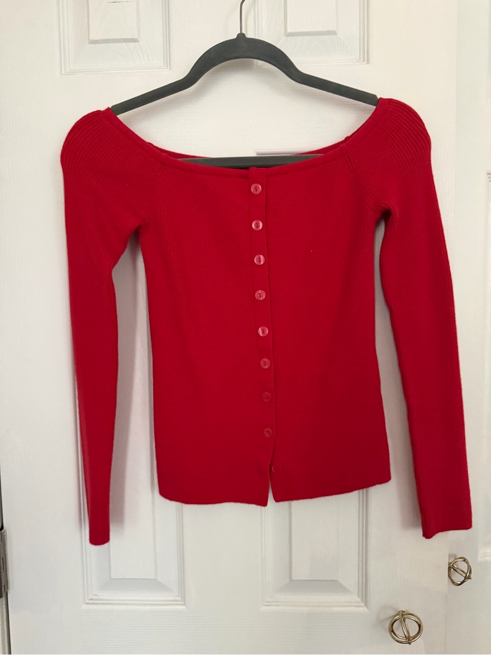 Abercrombie & Fitch Red Ribbed Off-Shoulder Button-Front Top